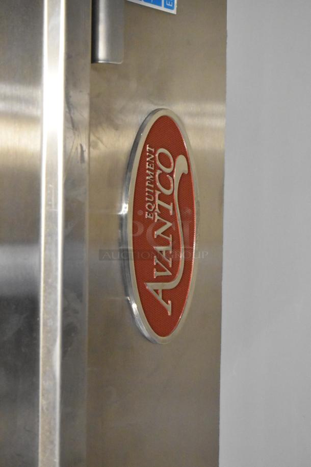 Stainless steel Avantco 177EF40B fryer, logo detail; commercial electric model with 40 lb. capacity.