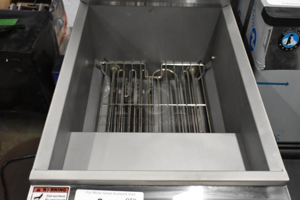 2024 Avantco 177EF40B 40 lb. electric fryer in stainless steel, new with minor scratches. Includes two metal fry baskets.