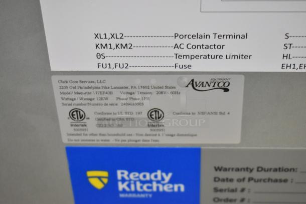 Avantco 177EF40B stainless steel fryer label, indicating model, 208V, 1-phase, 12KW, ETL certified, scratch and dent condition.