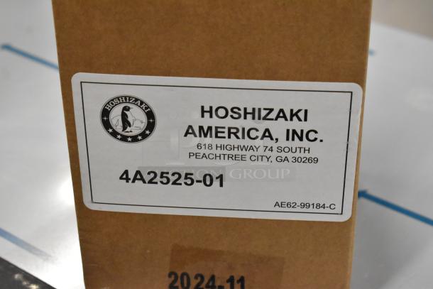 2025 Hoshizaki KM-301BAJ Ice Machine's box label, showing Hoshizaki logo, address, and model details. Brand new condition.