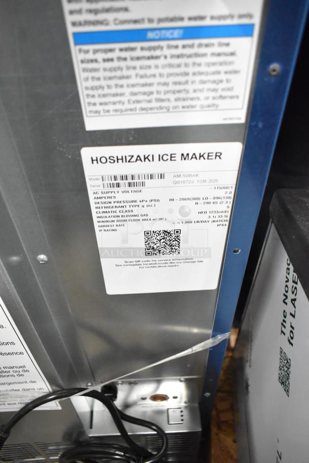 Brand new 2025 Hoshizaki AM-50BAK stainless steel undercounter ice machine with 27 lb. bin, 54 lb. capacity, 115 volts.