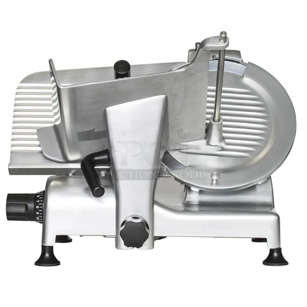 Brand new Globe G12 stainless steel commercial meat slicer, scratch and dent, 115 volts, 1 phase.