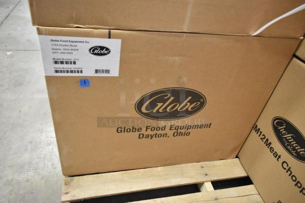 Globe G12 Stainless Steel Commercial Meat Slicer in box. New with scratches. 115V, 1 Phase. Includes manufacturer label.