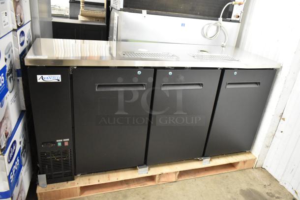 Brand new Avantco 178UDD72HC metal kegerator with 2 double tap towers, 115V, 3 half-keg capacity, scratch and dent.