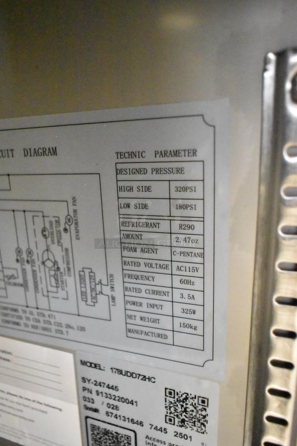 Avantco 178UDD72HC kegerator label showing model, refrigerant info, and designed pressure. New scratch and dent condition.