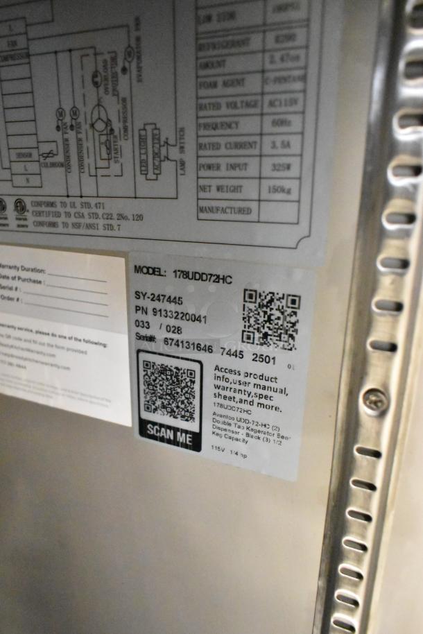 Label on Avantco 178UDD72HC kegerator. Model, serial number, QR codes, and voltage are visible. 115V, brand new.