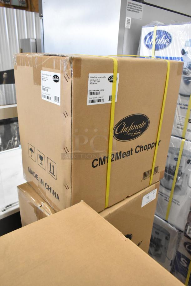Brand new Globe CM12 meat chopper in packaging, #12 head size, 250 lbs/hr, 115V, with scratch and dent condition.