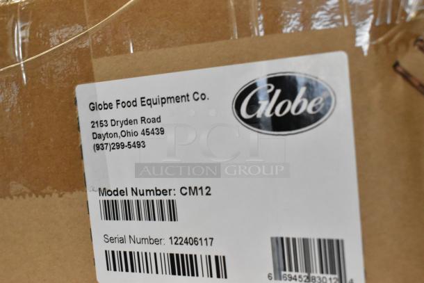 BRAND NEW SCRATCH AND DENT! Globe CM12 Stainless Steel Commercial Meat Chopper, #12 Head, 250 lbs/hr, 115V, 1 Phase. Tags show model and serial numbers.