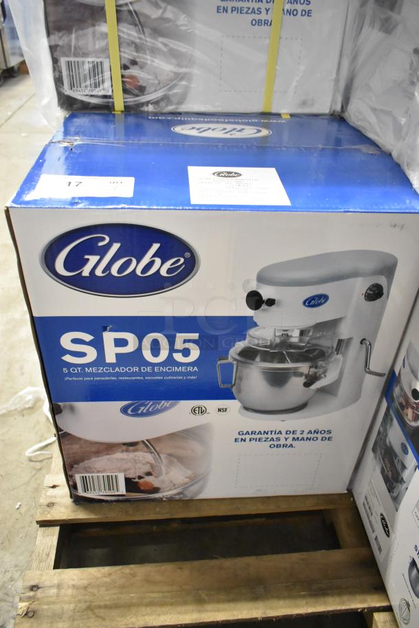 Brand new Globe SP05 5 Quart Planetary Dough Mixer in box. Scratch and dent condition. 115V, 1 Phase, metal construction.