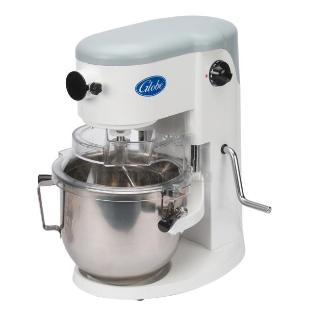 Brand new Globe SP05 countertop 5-quart planetary dough mixer, metal, 115 volts, 1 phase, minor scratches and dents.