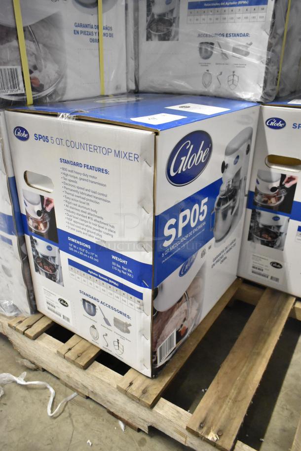 Globe SP05 5 Quart Planetary Dough Mixer, new in box, metal, countertop, 115V, 1-phase, standard features listed.