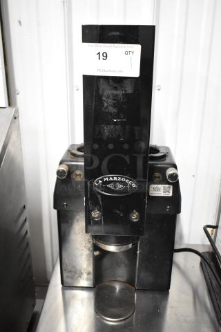 La Marzocco Swift E.P.S.B. commercial espresso bean grinder, metal, missing hoppers, 120V, 1 phase. Signs of wear.