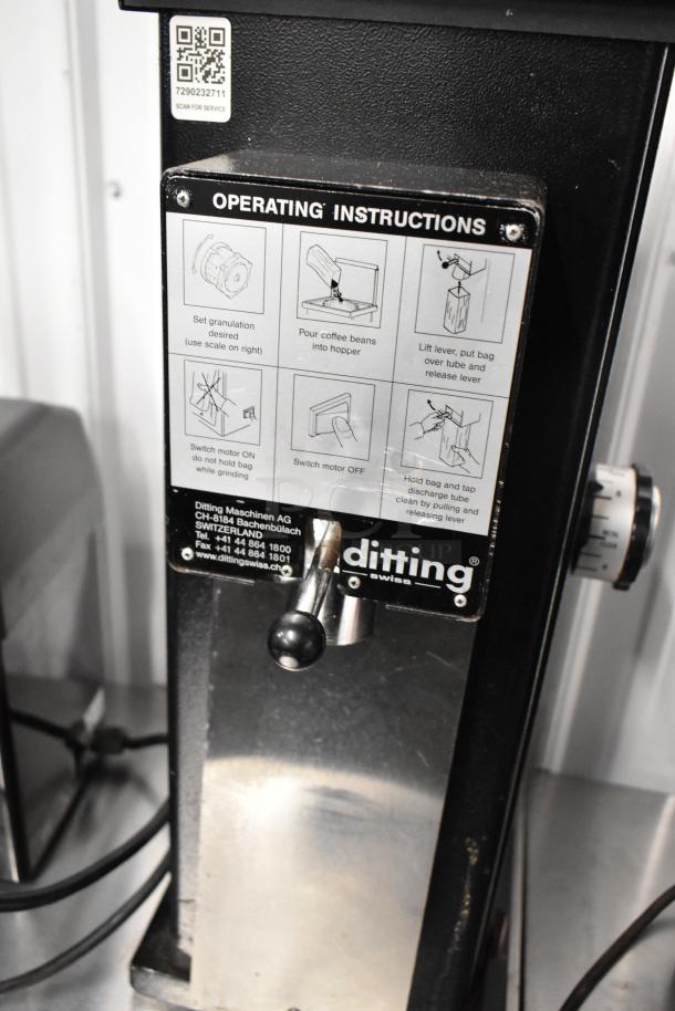 Mahlkonig Ditting KR1203 commercial coffee grinder, metal finish, visible operating instructions, 120V, 1 Phase.