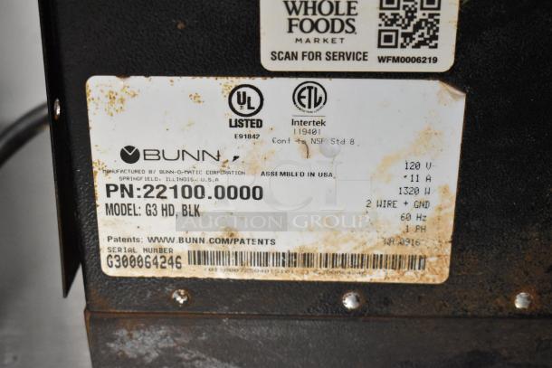 2016 Bunn G3 HD metal commercial coffee grinder, 120V, in used condition. Label with model and specs visible.