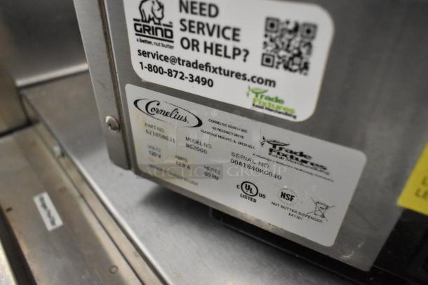 Cornelius NG2000 metal commercial nut butter grinder, countertop model, 120 volts, 1 phase, service label visible.