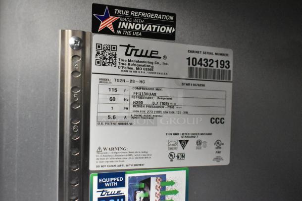 True TG2R-2S-HC stainless steel commercial cooler label, model detail, 115V, 1 phase. Serial number: 10432193.