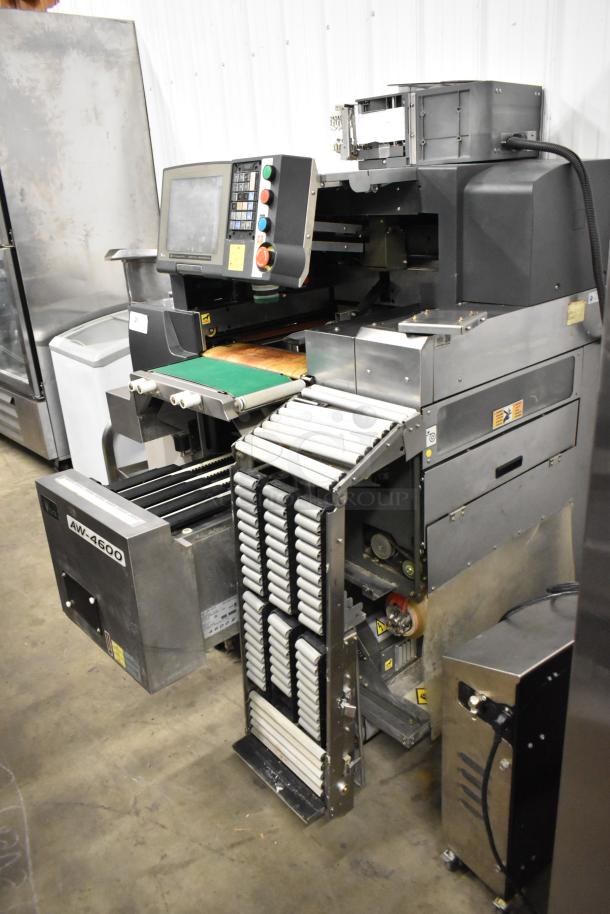 Hobart AW-4600 metal commercial heat shrink wrap station, floor style, with control panel and conveyor, in good condition.
