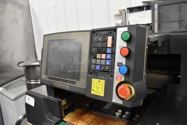 Hobart AW-4600 heat shrink wrap station, metal floor model. Features control panel with buttons, used condition, visible inspection seal.
