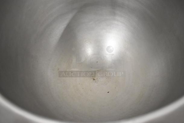Groen TDB-40 stainless steel 10-gallon steam kettle interior, shows light wear. Commercial casters, 208V, 1 phase.
