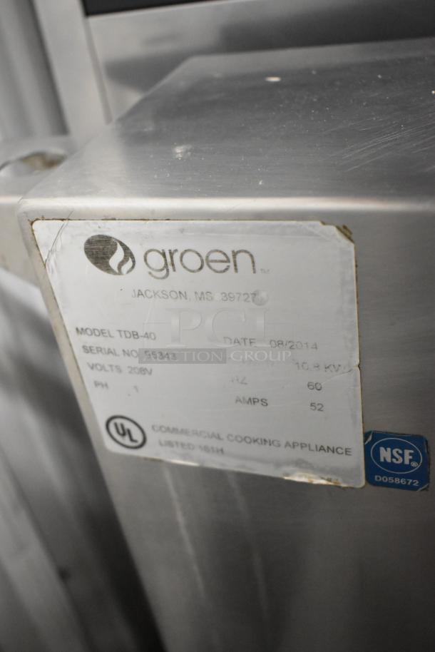Groen TDB-40 10 Gallon Stainless Steel Steam Kettle on Casters. 208V, 1 Phase. NSF and UL certified label shown.