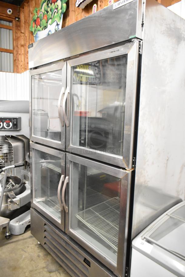 Beverage Air HBR49HC-1-HG stainless steel cooler with four half-size glass doors, poly-coated racks, on commercial casters.