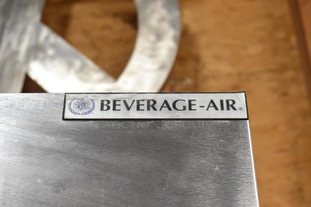 Beverage Air HBR49HC-1-HG stainless steel logo plate on commercial cooler, highlighting brand authenticity.