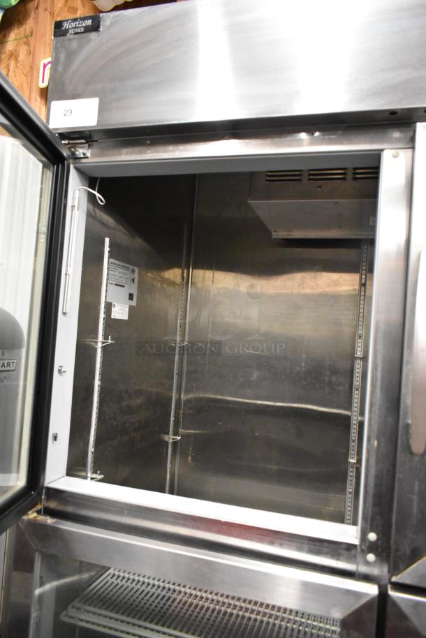 Beverage Air HBR49HC-1-HG stainless steel reach-in cooler, 4 half-size glass doors, poly coated racks, on commercial casters.