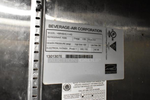 Label on Beverage Air HBR49HC-1-HG cooler detailing model, refrigerant R290, design pressure, and 115V, 1-phase electrical rating.