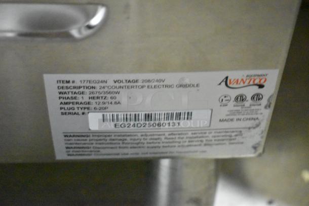 Avantco 177EG24N stainless steel commercial electric griddle, 24" countertop, 208/240V, 1 phase, model label shown.