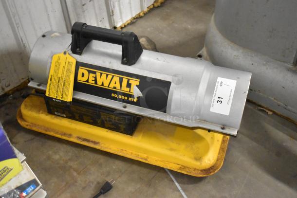 DeWalt DXH50K 50,000 BTU forced air kerosene heater with handle. Yellow warning tag attached, minor wear visible.