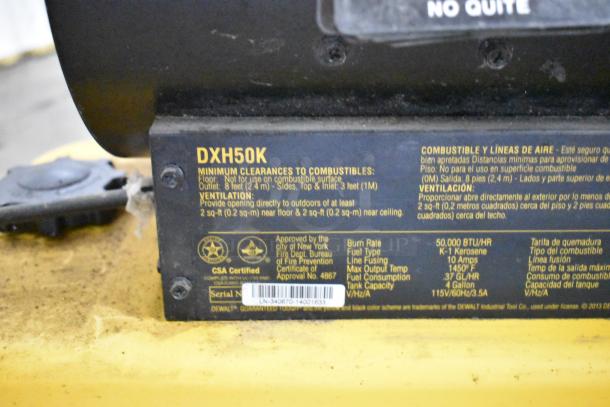 DeWalt DXH50K 50,000 BTU kerosene heater label showing specifications and clearances; serial number visible.