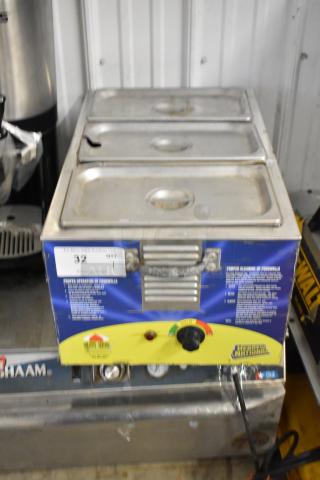 Metal countertop food warmer, 120 volts, 1 phase, with three covered compartments and temperature controls; used condition.