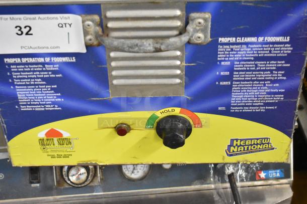 Metal countertop food warmer, Creative Serving Inc., 120 volts, 1 phase, visible knobs and labels, used condition.