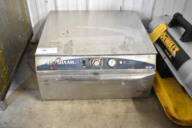 Alto Shaam 500-1D stainless steel warming drawer with control dials. 120V, 1 Phase. Used condition with visible wear.