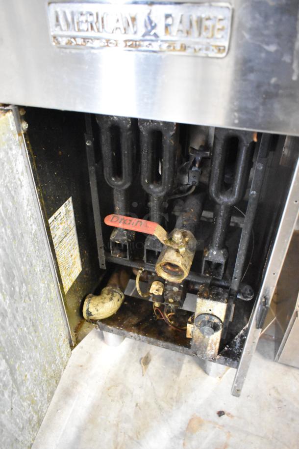 American Range AF-35/50 stainless steel commercial deep fat fryer, 40,000 BTU, natural gas, 1 metal fry basket, visible drain valve.