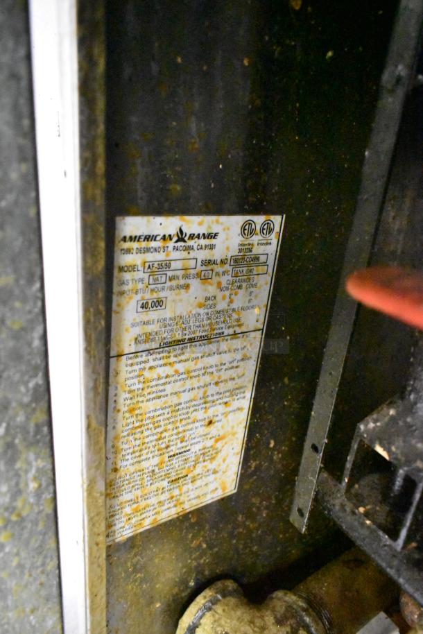 American Range AF-35/50 Stainless Steel Natural Gas Fryer, 40,000 BTU. Features: 1 metal fry basket. Visible label with model info.