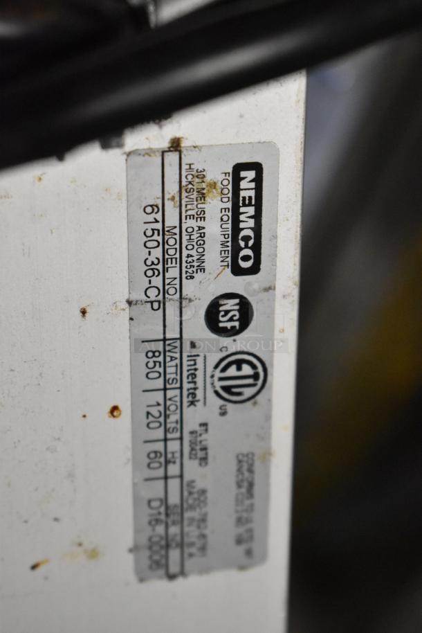 Nemco 6150-36-CP commercial heat strip warmer, 120 volts, 1 phase, metal construction, NSF certified, model label shown.