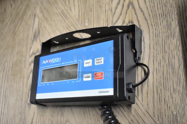 AvaWeigh 334RS400 digital receiving scale, 400 lb. capacity, remote display, blue faceplate, buttons for tare and unit selection.