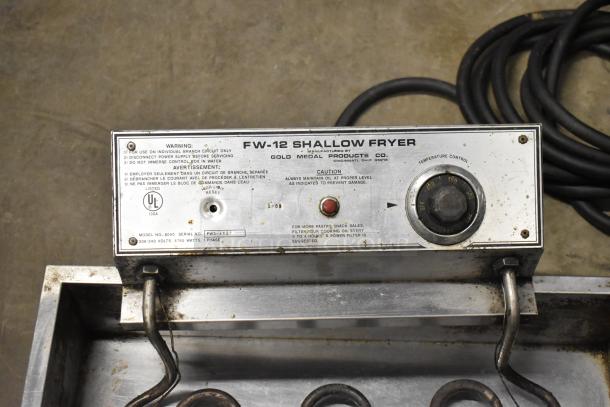 Gold Medal 8050 FW-12 shallow fryer, countertop model, electric, 208/240V, 1 phase. Control panel with labels, moderate wear.