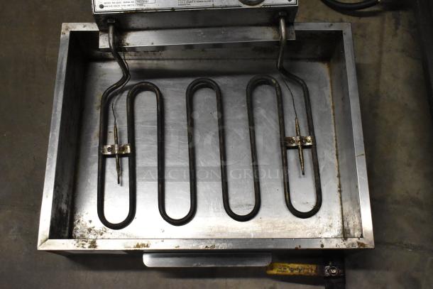 Gold Medal 8050 FW-12 electric shallow fryer, metal, countertop model, 208/240V, 1 phase, visible wear and residue.