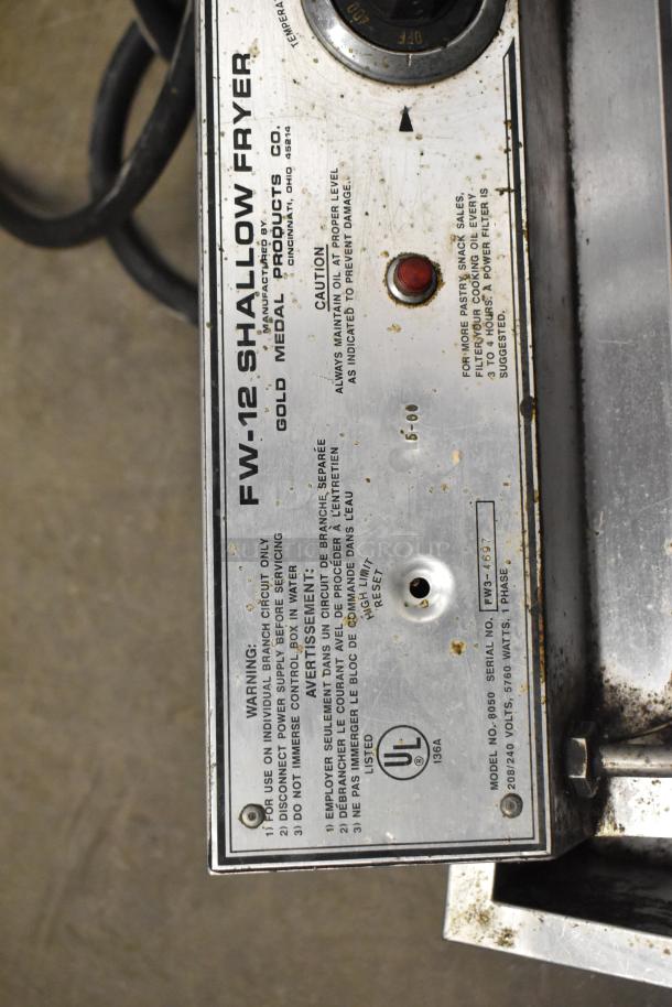 Gold Medal 8050 FW-12 Shallow Fryer, commercial countertop model, 208/240V, 1 phase, metal body, used condition, visible labels.