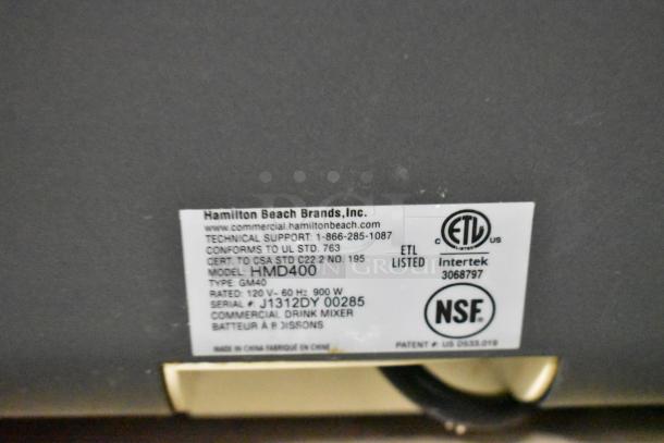 Hamilton Beach HMD400 Metal Commercial Milkshake Mixer, 3 Head, 120V, 1 Phase. ETL and NSF certified, model label shown.