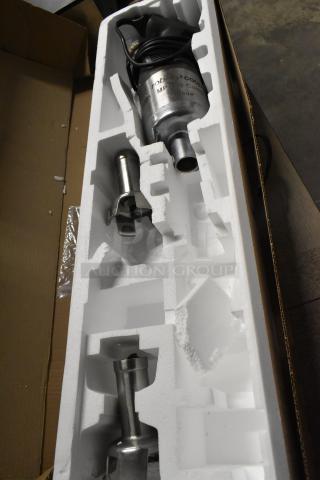 Robot Coupe MP450 Turbo Combi Immersion Blender in foam packaging. Includes attachments. 120 Volts, 1 Phase.