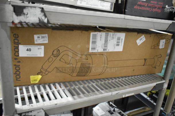 Boxed Robot Coupe MP450 Turbo Combi Immersion Blender, 120V, 1 Phase, new condition, original packaging with product illustrations.