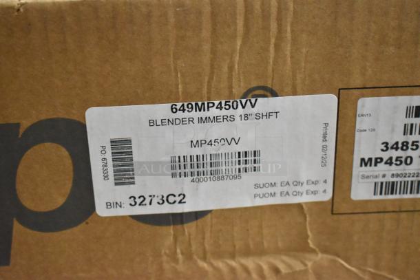 Brown cardboard box labeled for Robot Coupe MP450 Turbo Combi Immersion Blender, 120 volts, 1 phase. Model MP450VV.
