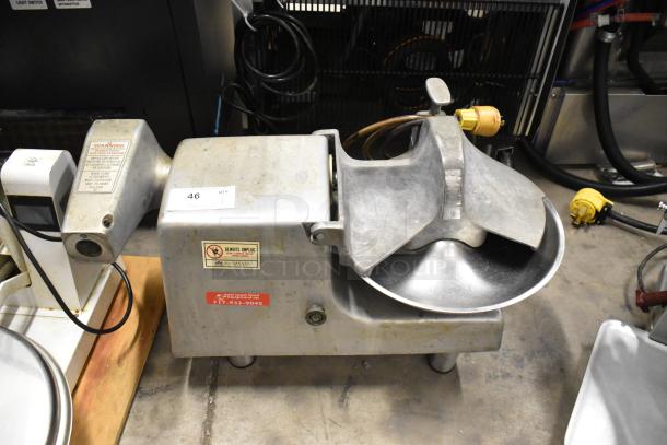 Hobart 84143 metal commercial countertop buffalo chopper with power hub, used condition, 460 volts, 3 phase, safety labels visible.