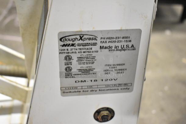 Dough Xpress DM-18 metal commercial dough press, 120V, 1 phase, labeled “Made in USA,” suitable for dry locations.