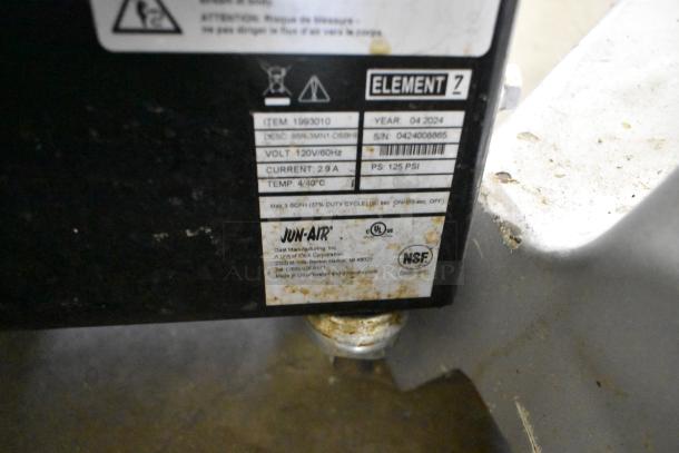 Stainless steel Jun-Air 86R-3MN1-DS Nitro Brew Nitrogen Generator with labels detailing specs: 120V, 2.9A, 125 PSI.