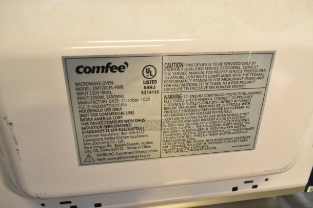 2020 Comfee EM720CPL-PMB countertop microwave oven label, showing model, voltage requirements, and manufacturing details.