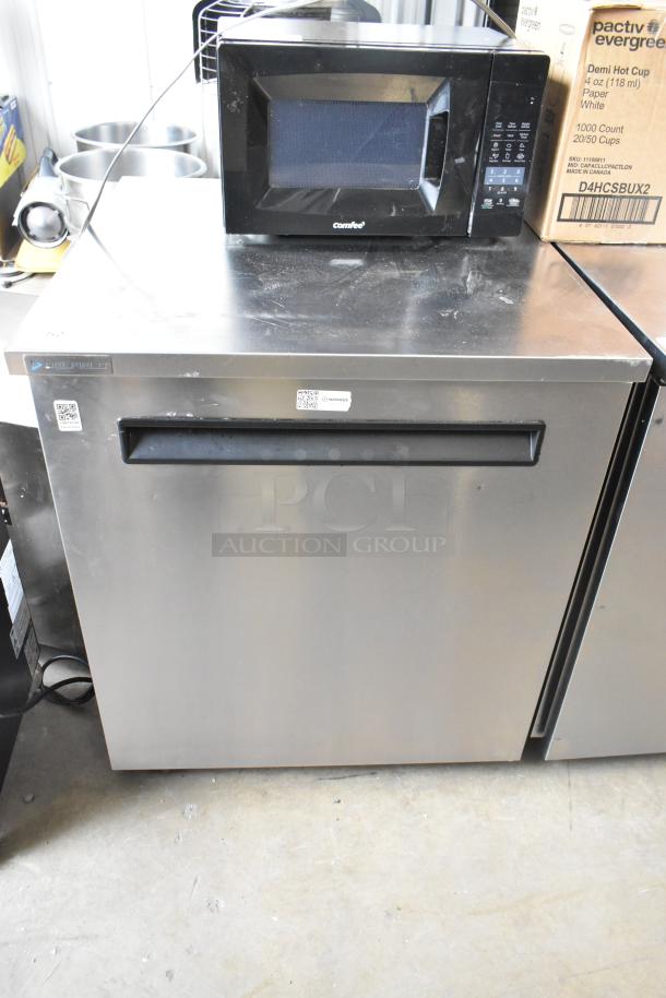2020 Delfield 406P-STAR2 stainless steel undercounter cooler, single door, on commercial casters. Model plate visible.